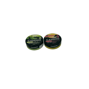 Two containers of Camino Cannabis Infused Gummies with colorful labels.