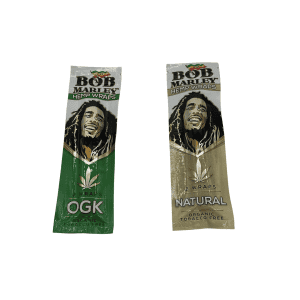 Two Bob Marley hemp wraps with natural and OGK labels, featuring a smiling Marley portrait.