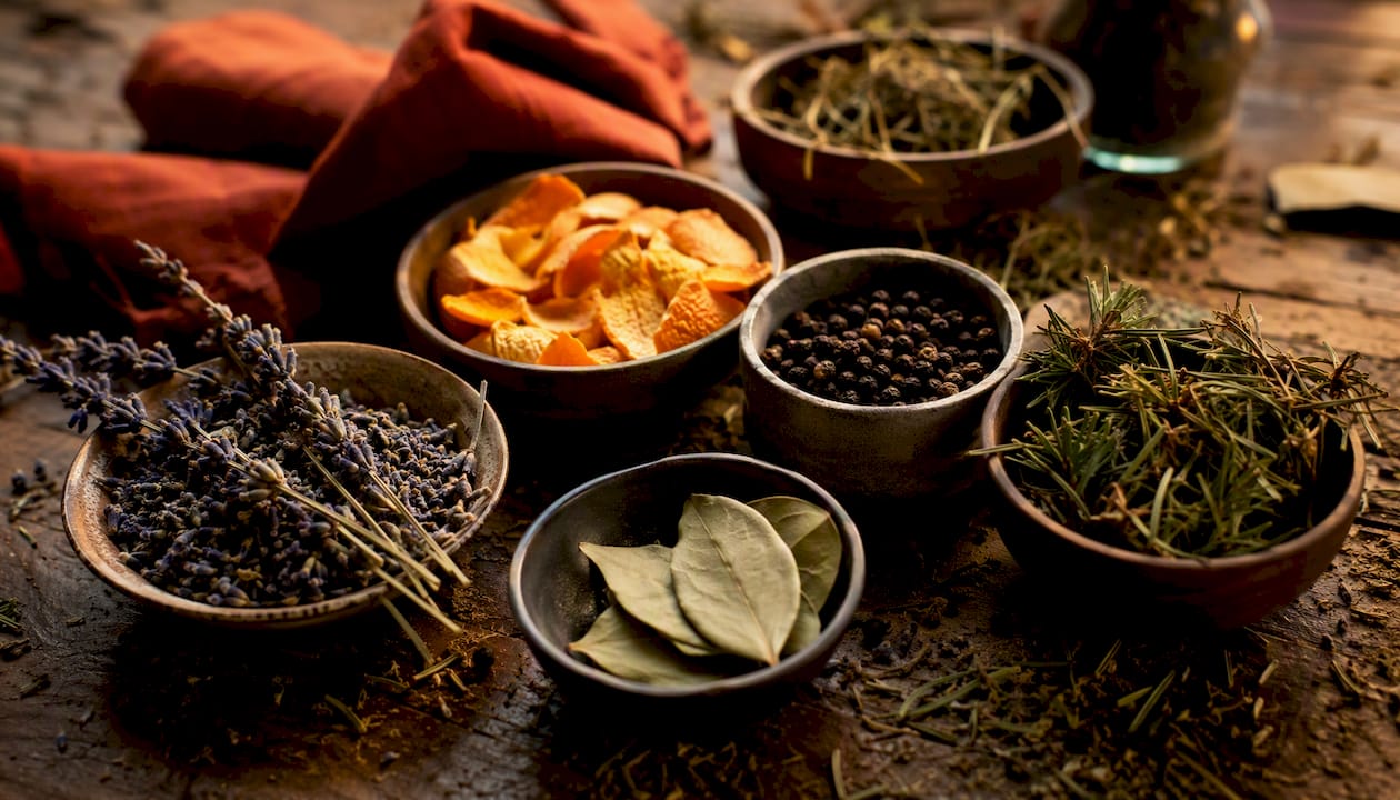 Assortment of aromatic herbs representing terpenes