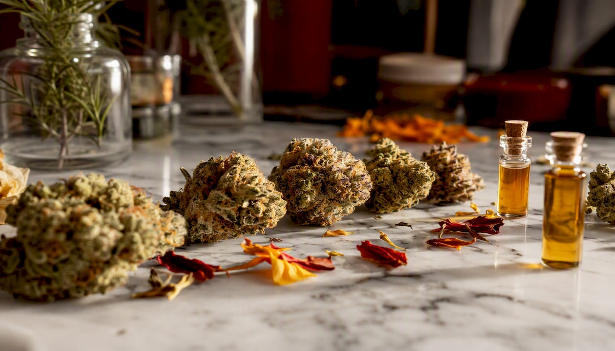 Close-up cannabis flower with terpene oils
