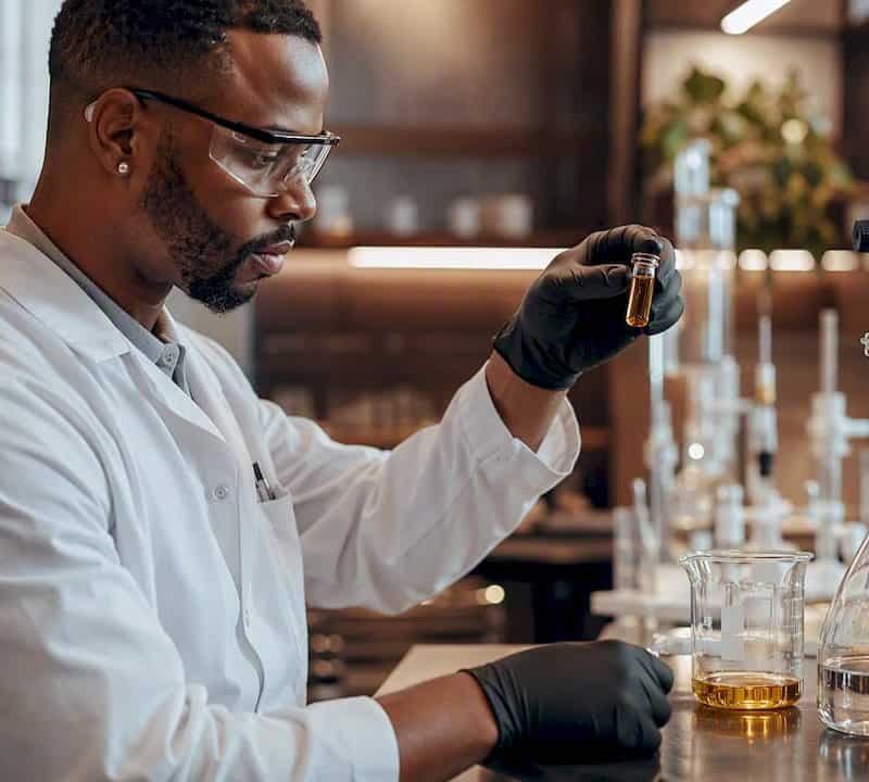 Lab technician handling cannabis terpene vial