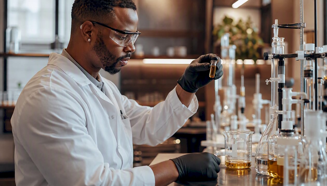 Lab technician handling cannabis terpene vial