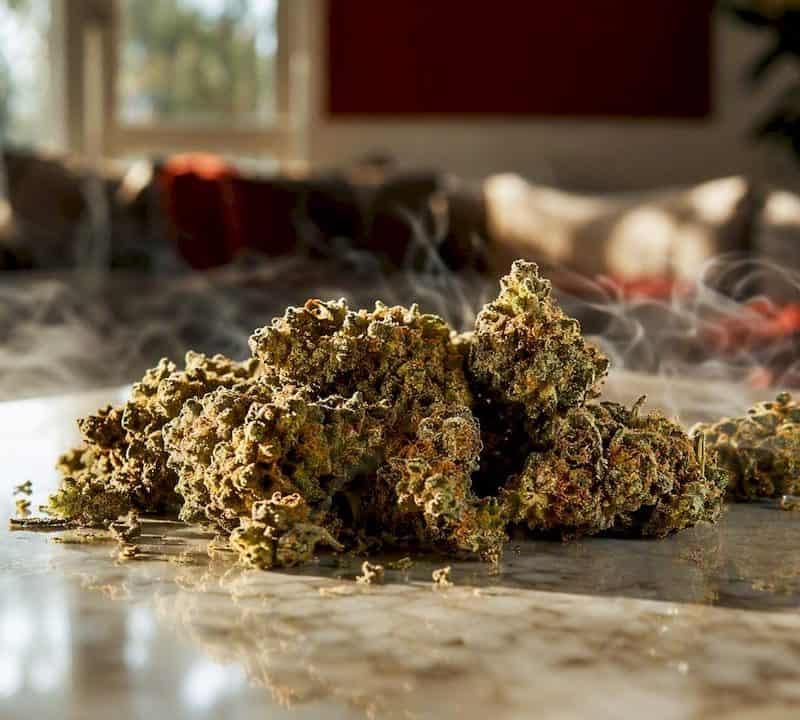 Close-up fresh cannabis flower buds on wood