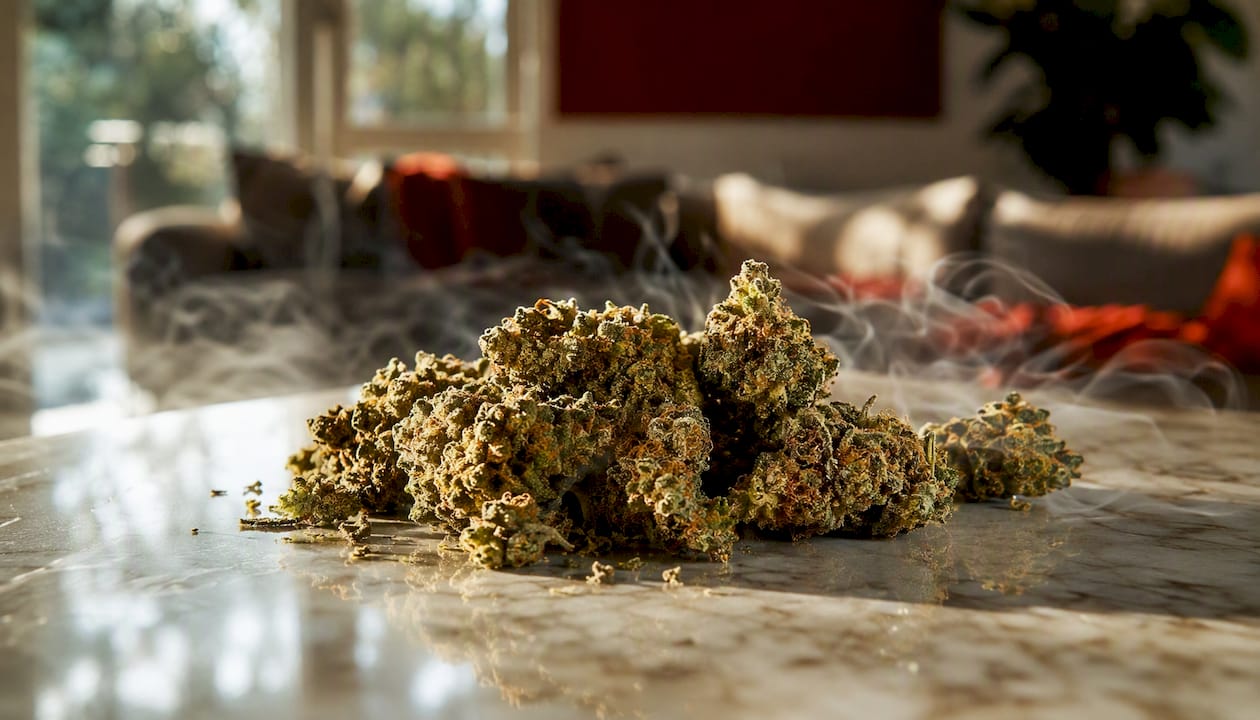 Close-up fresh cannabis flower buds on wood