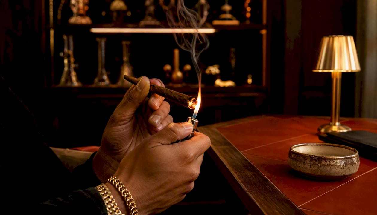 Hand lighting tobacco-wrapped blunt
