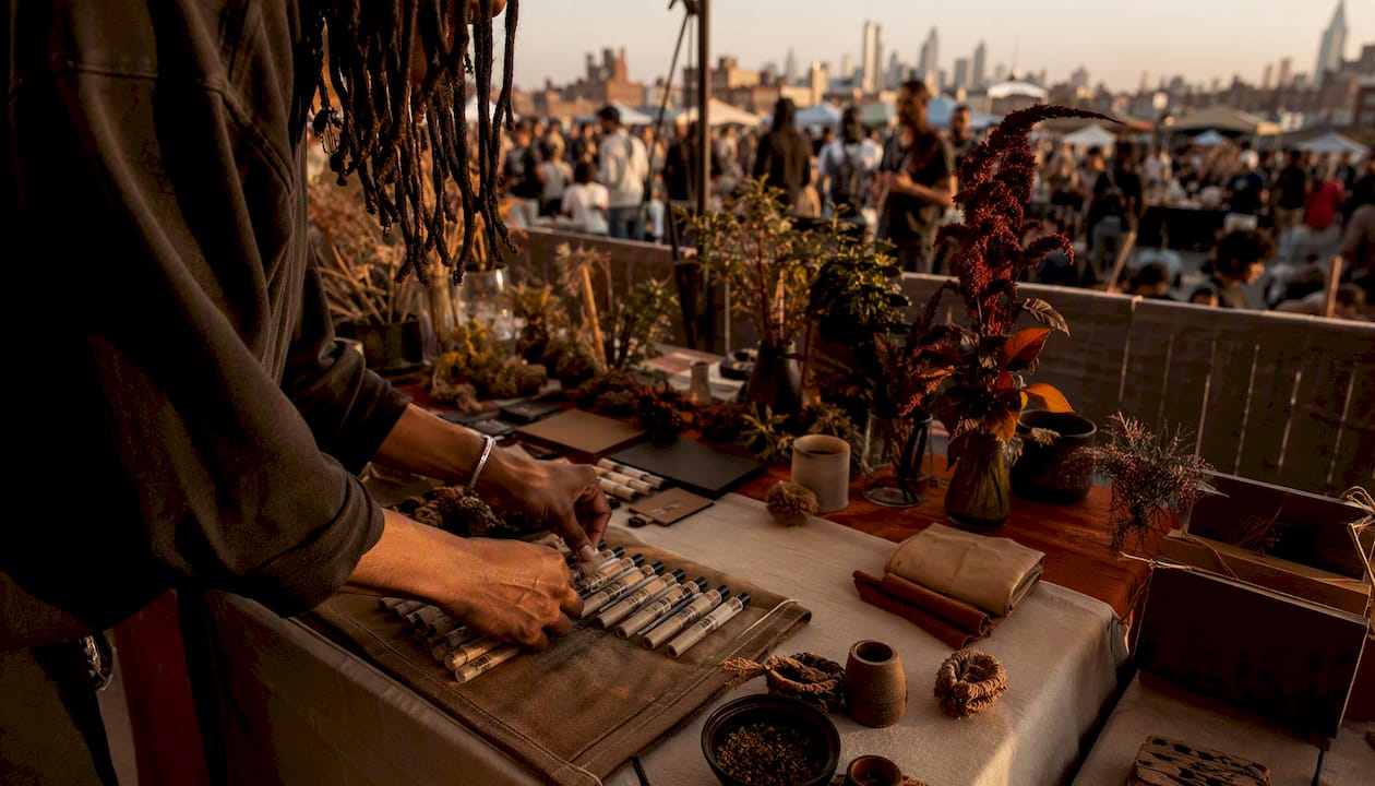 Hands setting up cannabis festival vendor booth