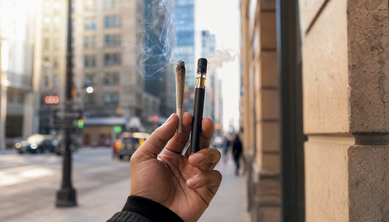 Hand holding cannabis joint and vape pen