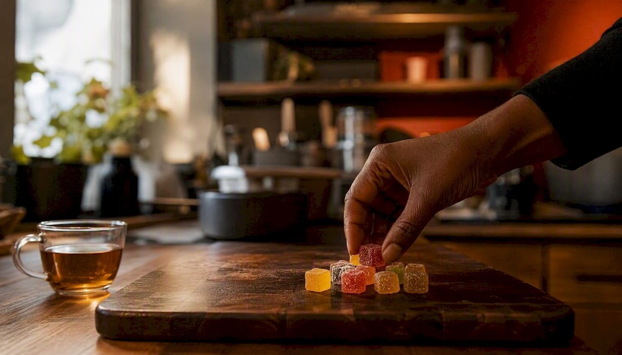Hand placing small cannabis gummy on plate