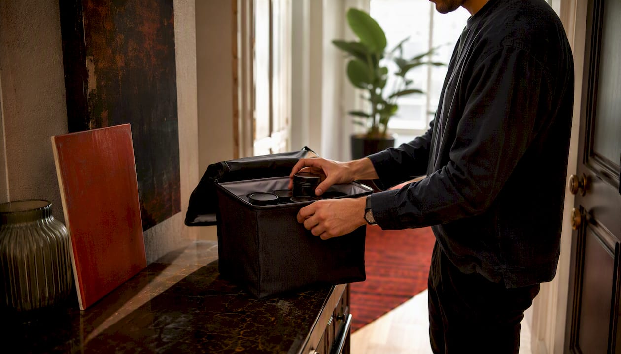 Hands preparing cannabis delivery bag indoors