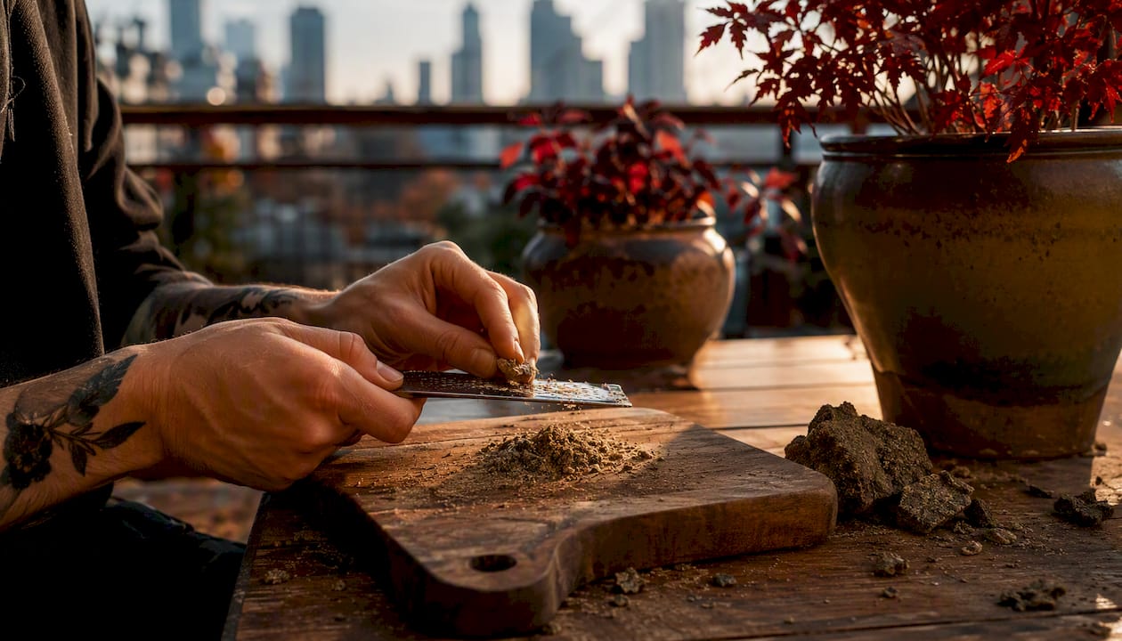 Hands grating dried bubble hash finely