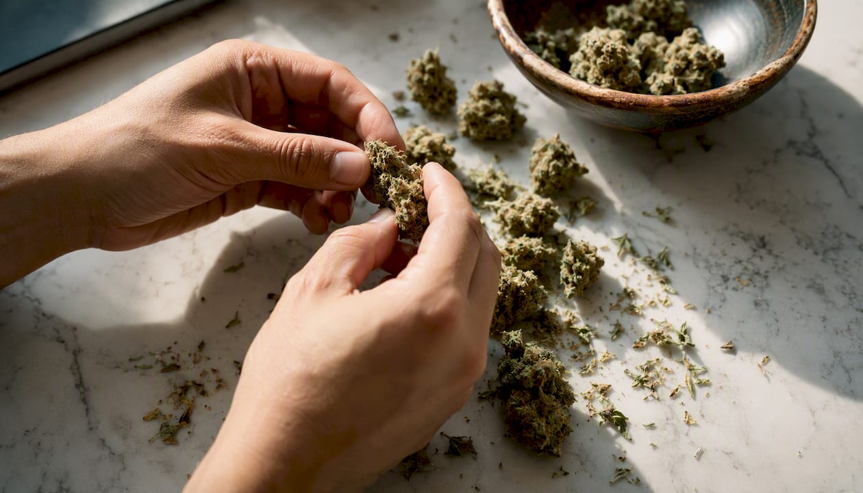 Hands breaking cannabis flower buds close-up