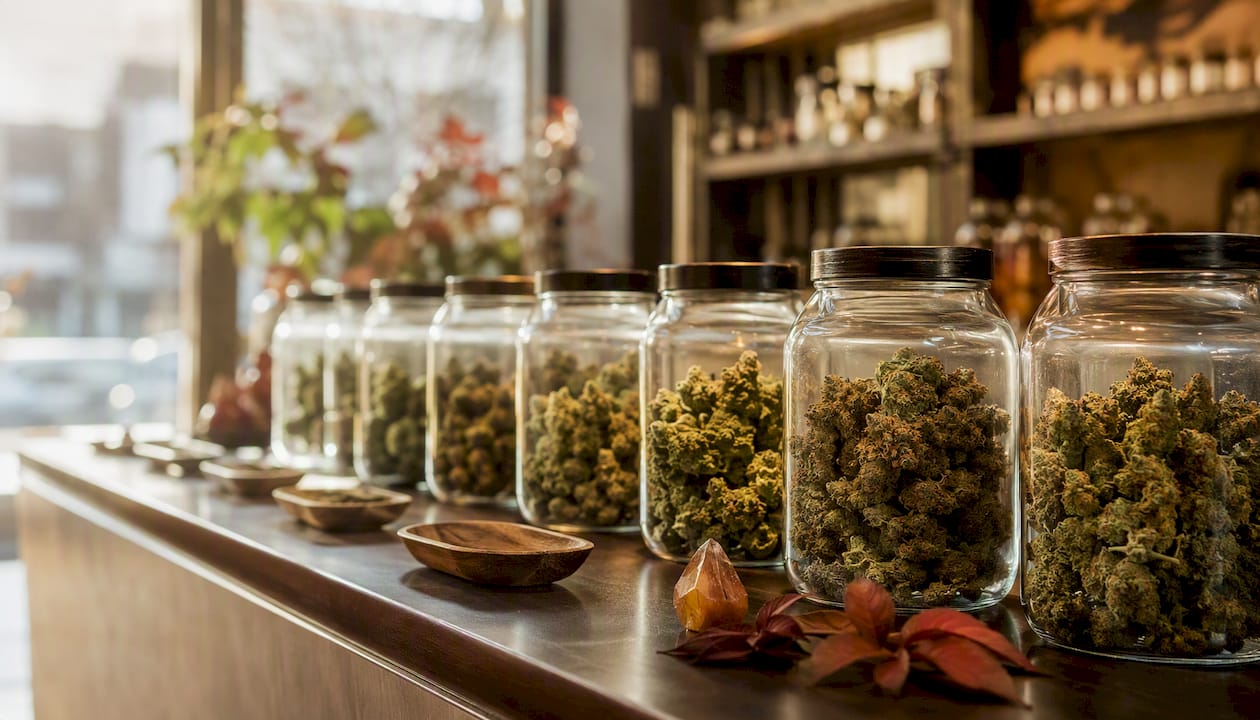 Close-up of cannabis flower buds at NYC dispensary