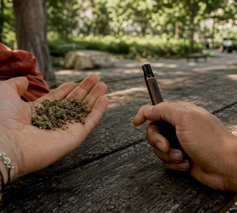 Hands holding cannabis flower and vape pen