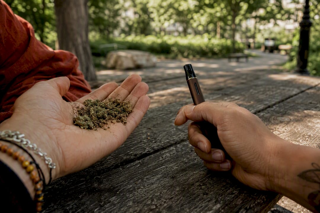 Hands holding cannabis flower and vape pen