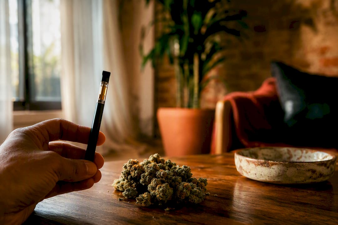 Hands holding vape and flower with safety document nearby