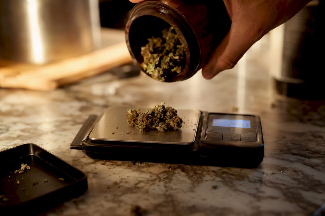 Digital scale weighing cannabis buds