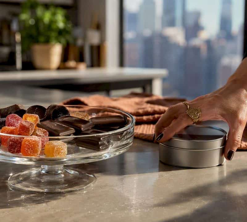 Hand placing jar near cannabis edibles on counter