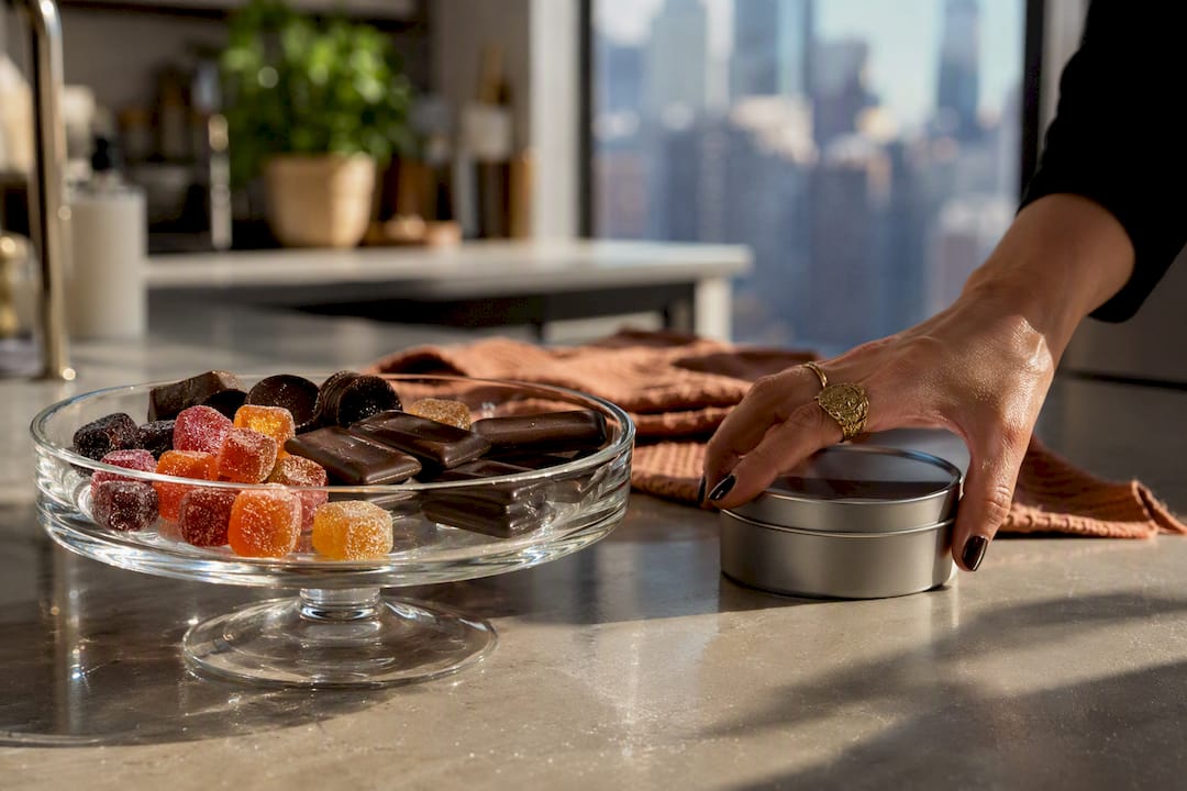 Hand placing jar near cannabis edibles on counter