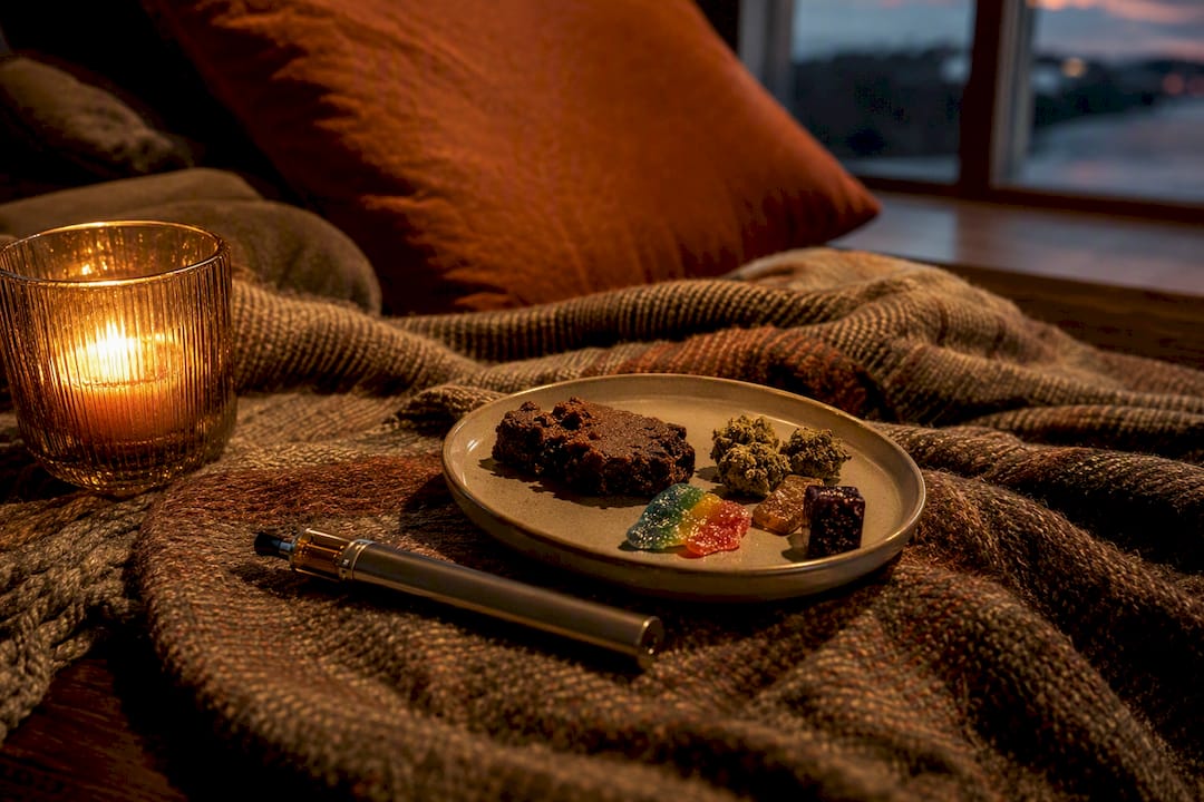 Cannabis vape pen and edible on table
