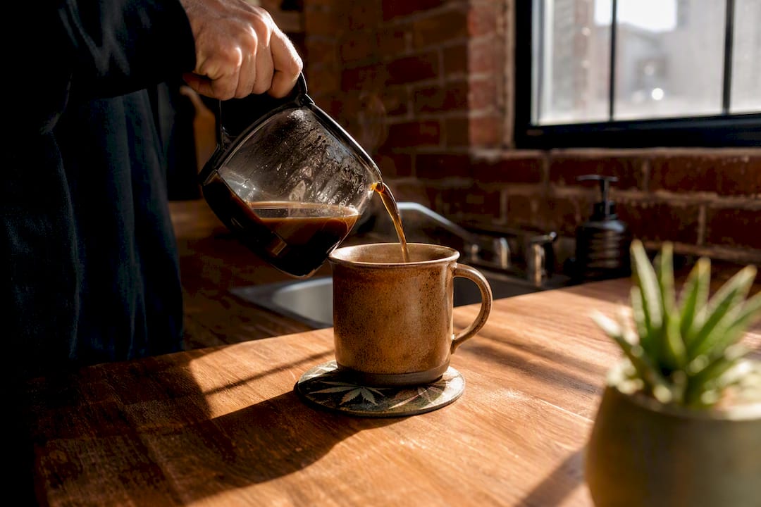 Pouring coffee near cannabis vape and jar
