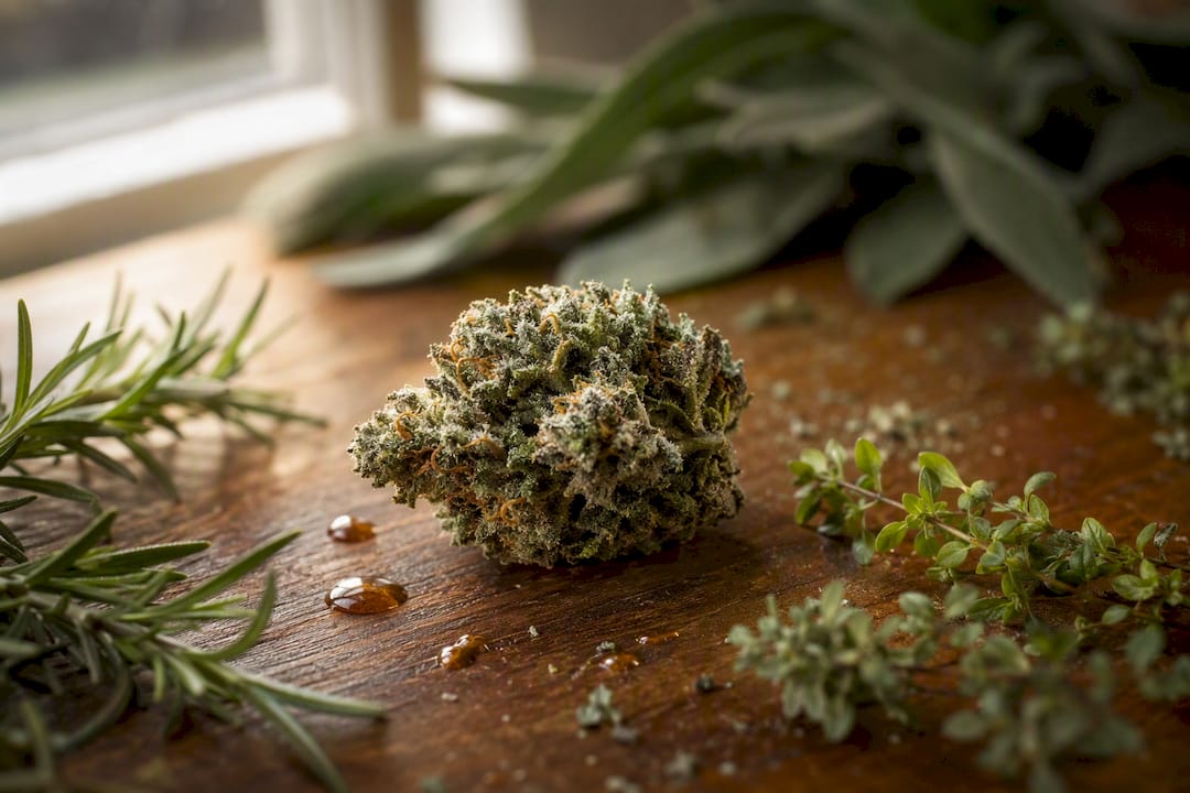 Close-up of cannabis flower trichomes and terpenes