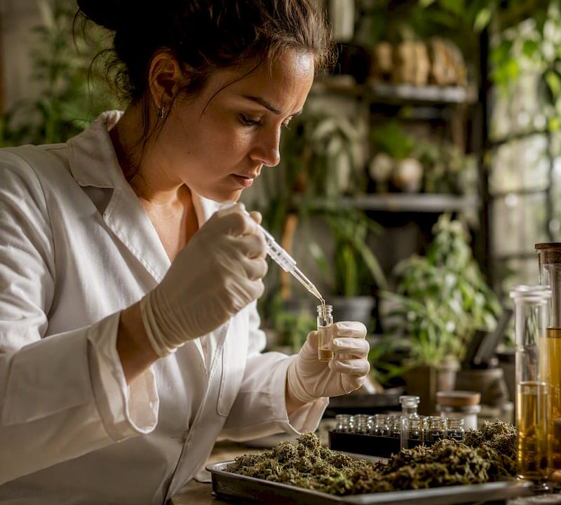 Technician analyzing cannabis compounds in lab