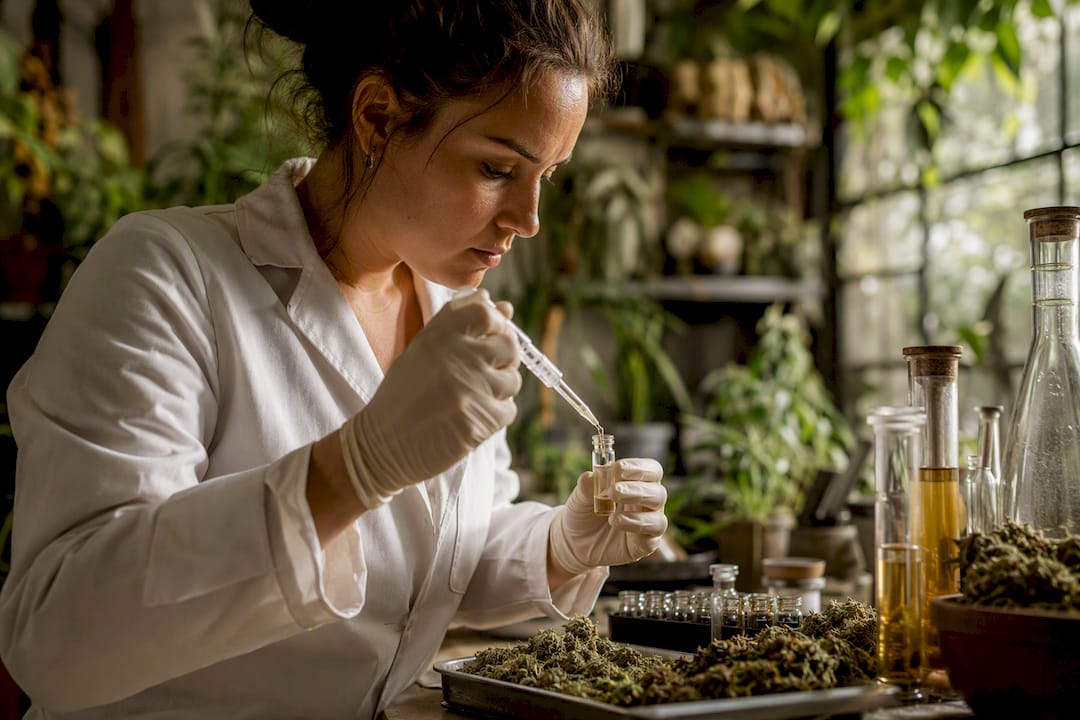 Technician analyzing cannabis compounds in lab