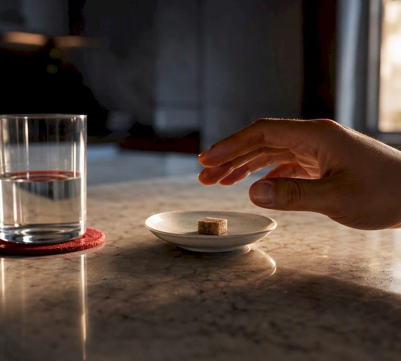 Small cannabis dose beside water glass