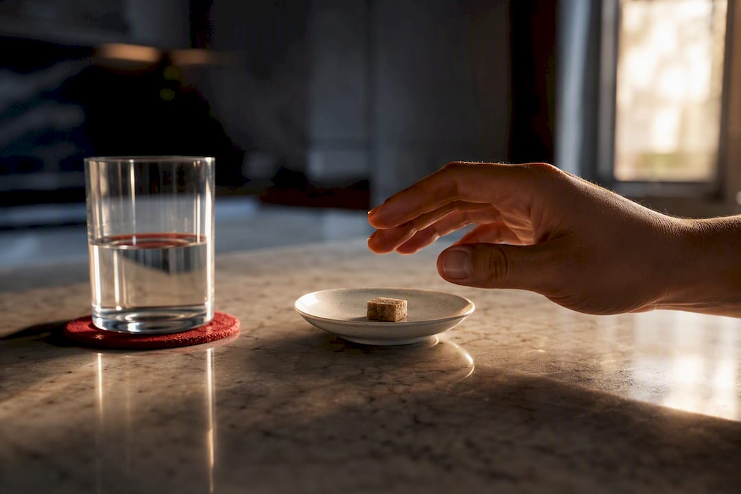 Small cannabis dose beside water glass