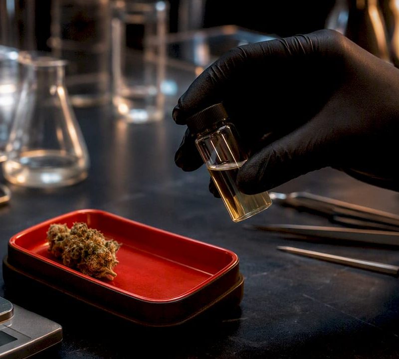 Terpene sample vial on testing bench