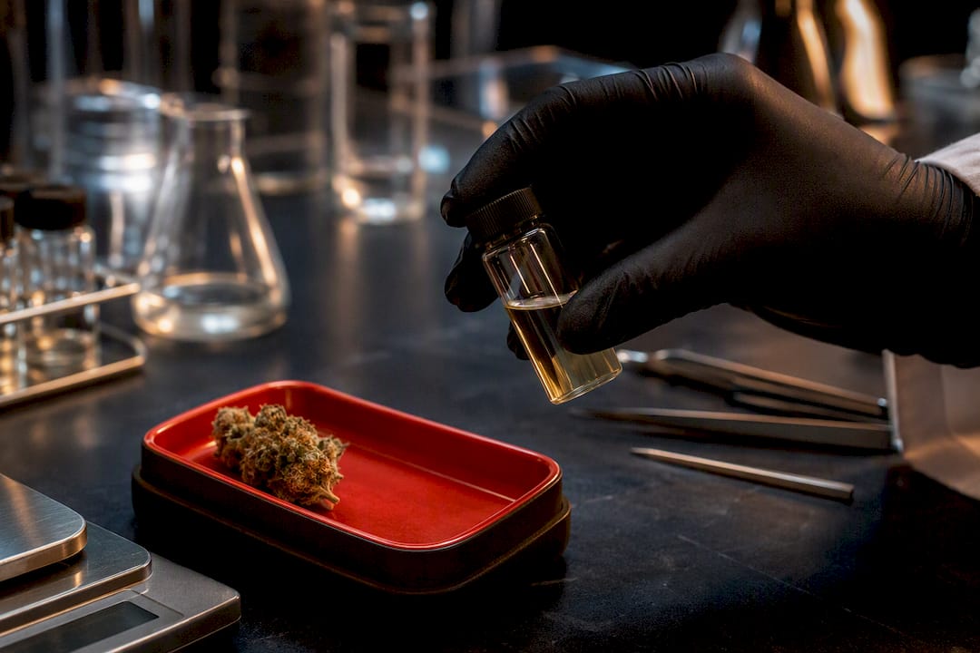 Terpene sample vial on testing bench