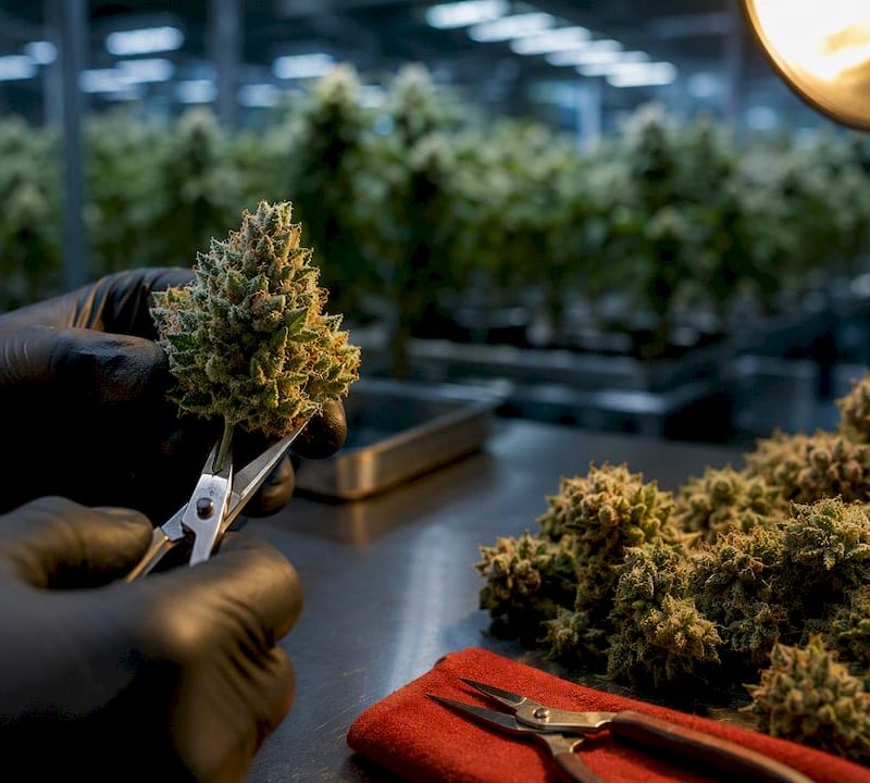 Cultivator hand-trimming small-batch cannabis