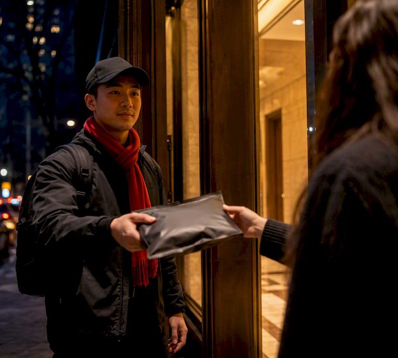 Courier making discreet delivery handoff
