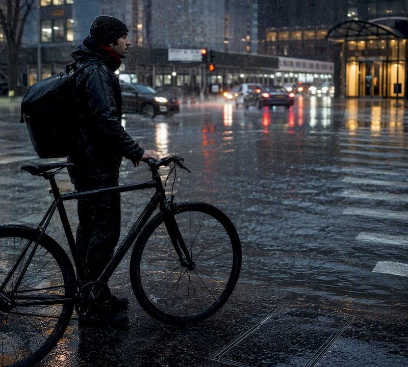 Courier paused during a flooded NYC storm