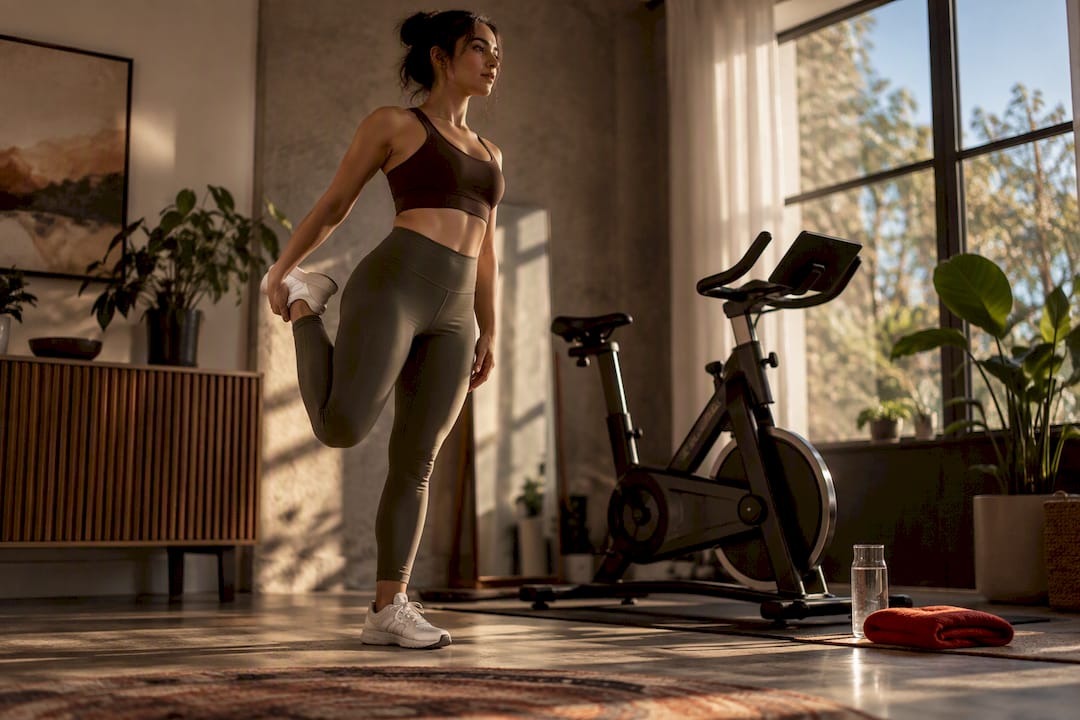 Adult stretching beside stationary bike