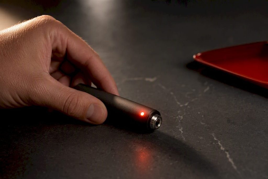 Hand observing a blinking vape battery indicator