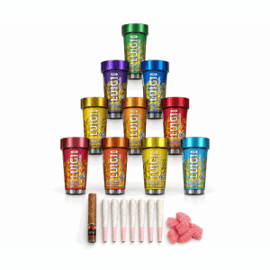 Luigi Infused Fattone cannabis pre-roll collection featuring nine colorful branded tubes arranged in a pyramid, seven pre-rolls, and pink sugar-coated gummies on a white background.