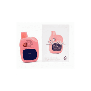 Stealthy 2G all-in-one cannabis vape featuring a pink rechargeable device with dark blue labeling beside matching Strawberry Mango branded packaging on a white background.