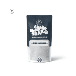 WeGrow Shake Shake Shake THCa Diamonds cannabis concentrate in a black and silver resealable pouch with white branding, THCa Diamonds label, and translucent window showing pale crystalline contents.
