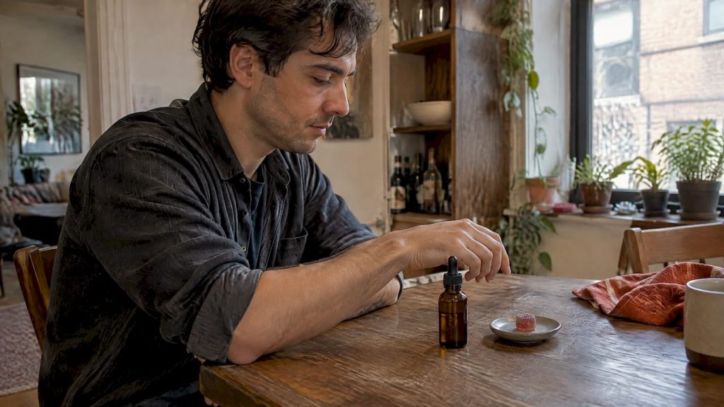 Adult comparing cannabis edible and tincture