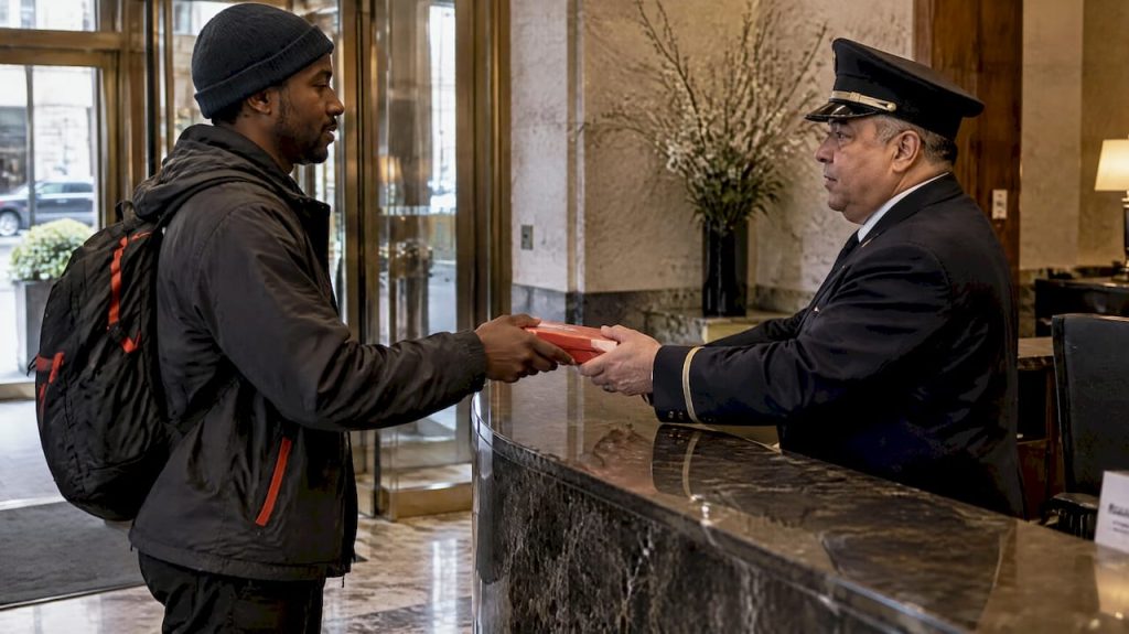 Doorman receiving sealed delivery package