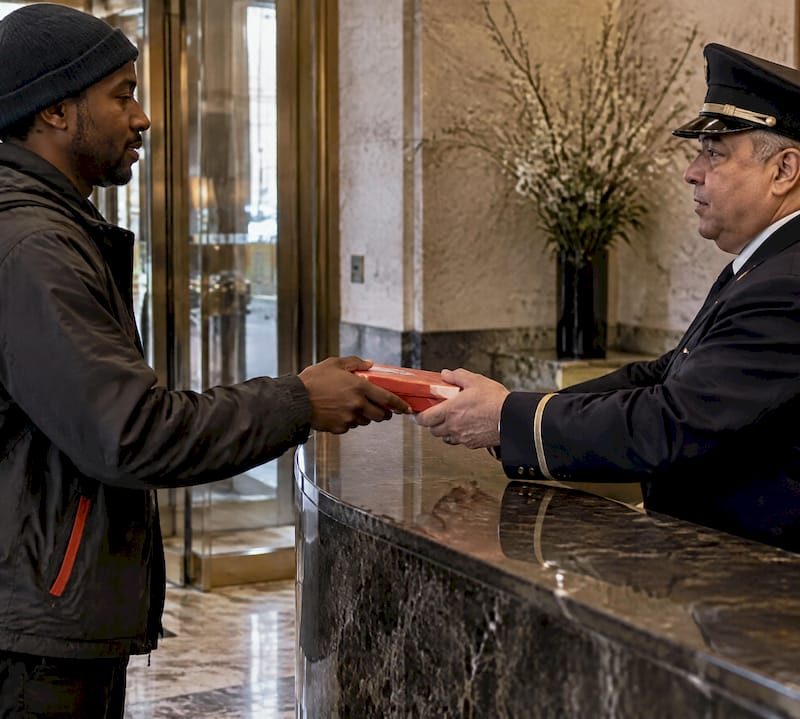 Doorman receiving sealed delivery package