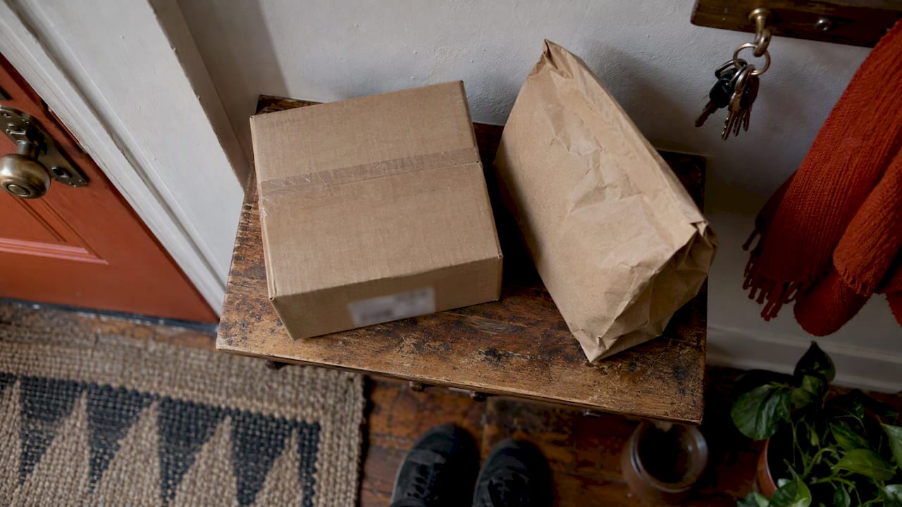 Plain discreet delivery package at entry