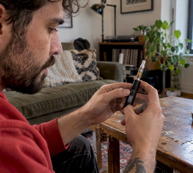 Adult adjusting a 510 vape battery voltage