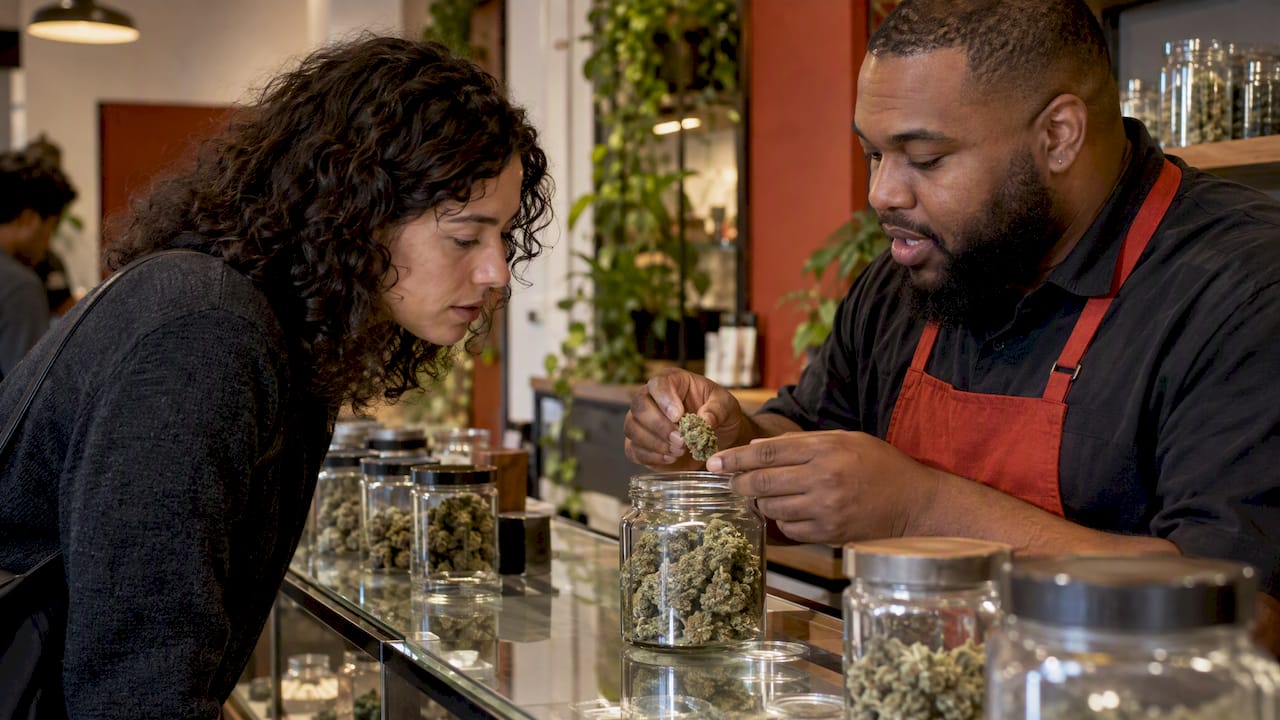 Customer inspecting flower with a budtender