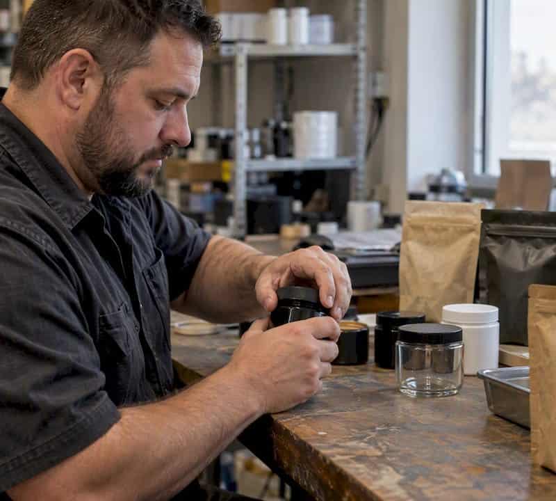 Man inspecting childproof cannabis packaging in a workshop.