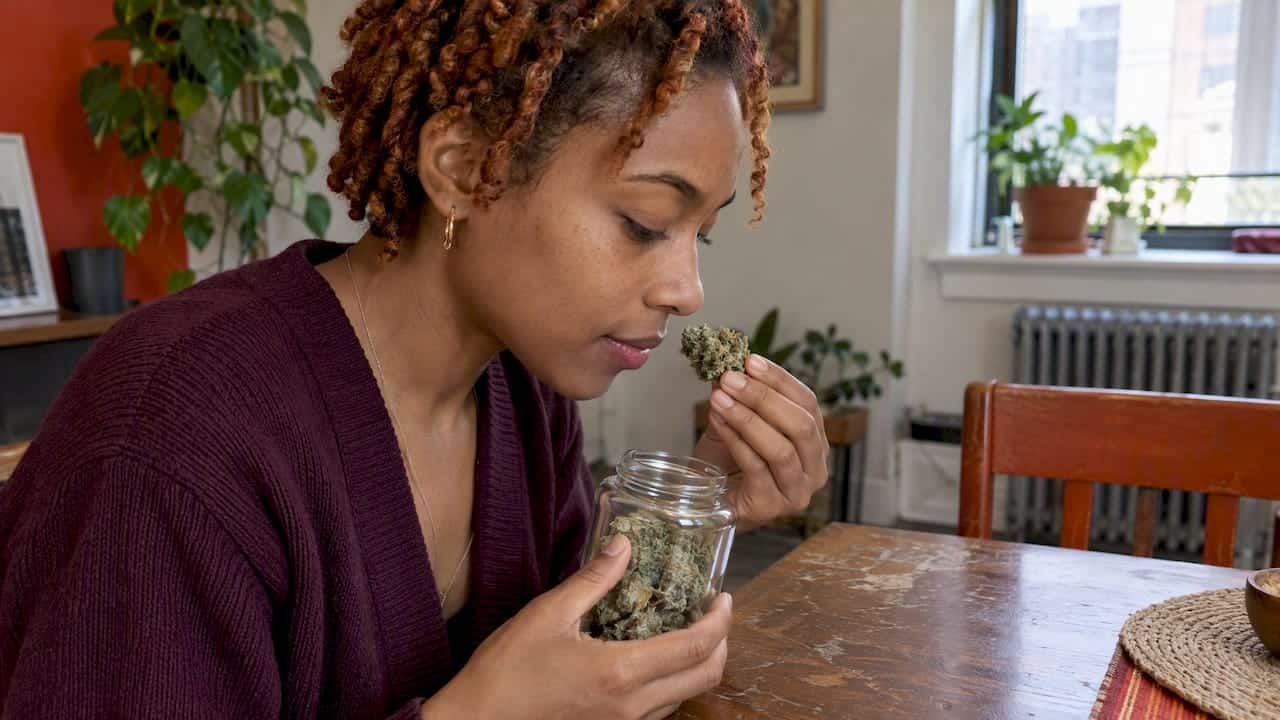 Woman smelling cannabis flower for its aroma