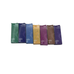 Lineup of colorful Glo Liquid Live Diamonds 2g all-in-one vape pen boxes in Indica, Sativa, and Hybrid options