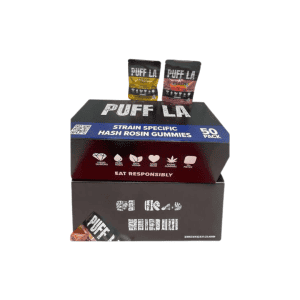Puff LA Hash Rosin Gummies 1000mg display featuring two black resealable gummy pouches in Passion Fruit and Peach flavors above stacked branded boxes on a white background.
