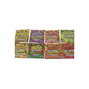 Assortment of colorful Squish Mini Gummies 500mg live resin infused edible pouches